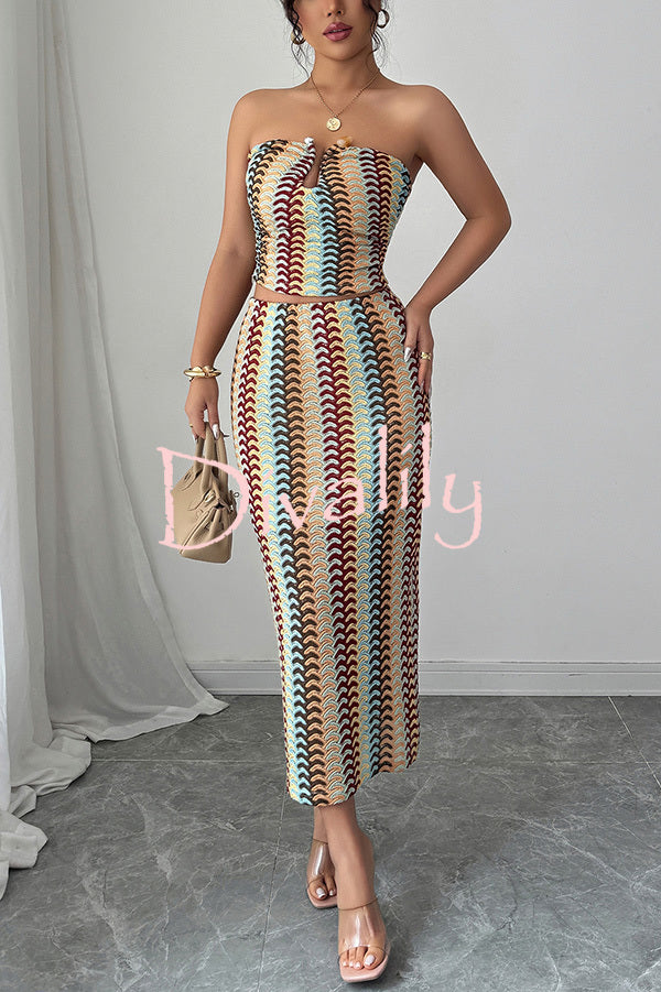 Playful Colorful Knitted Sexy Tube Top and Elegant Back Slit Midi Skirt Set