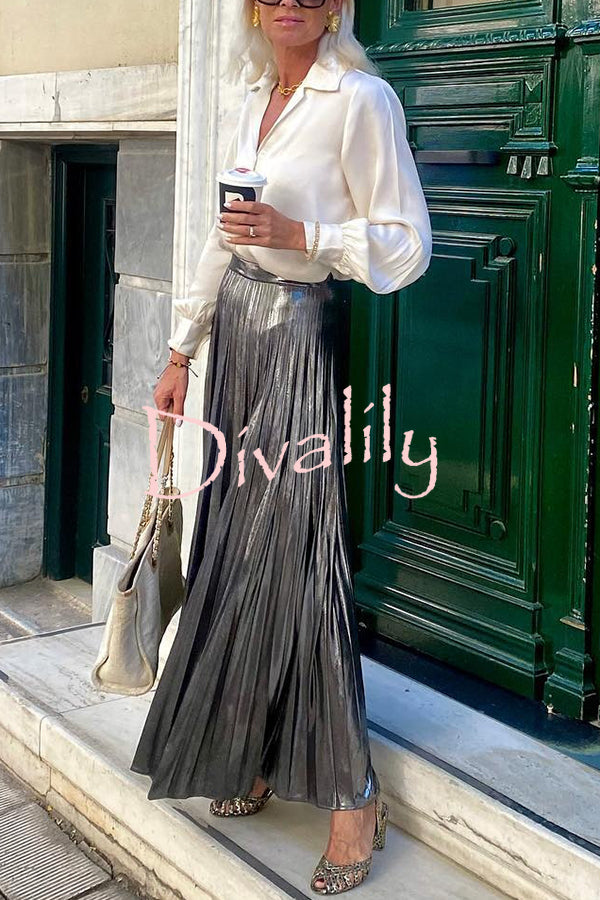 Fashionable Metallic Pleated Back Elastic Waist Maxi Skirt