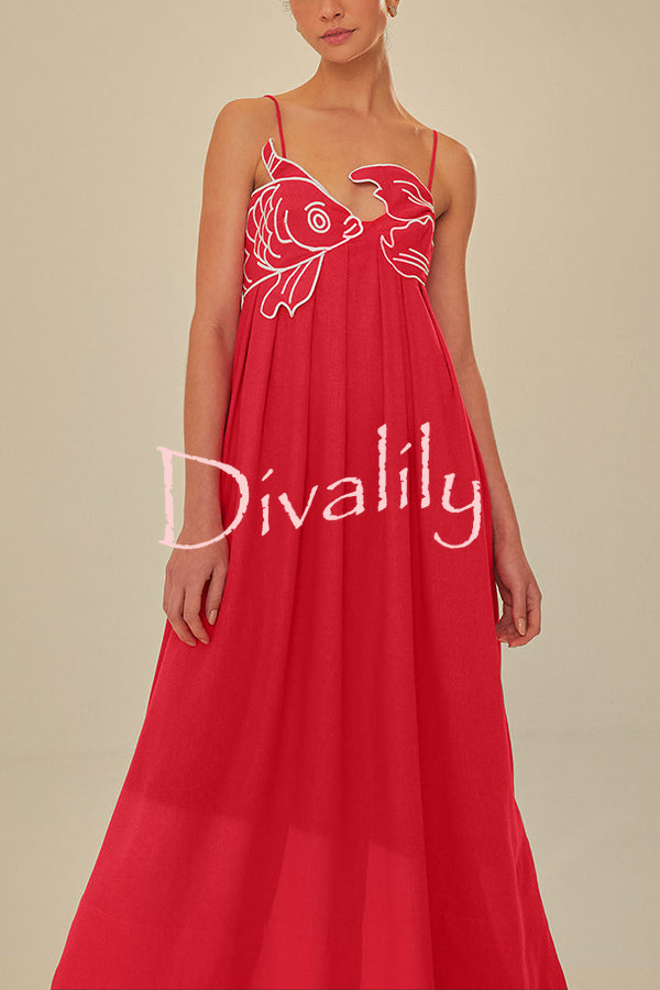 Red Fish Embroidered Sling Backless Maxi Dress