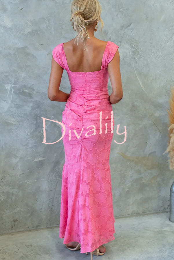 Unreal Beauty Floral Textured Material Ruched Fishtail Maxi Dress