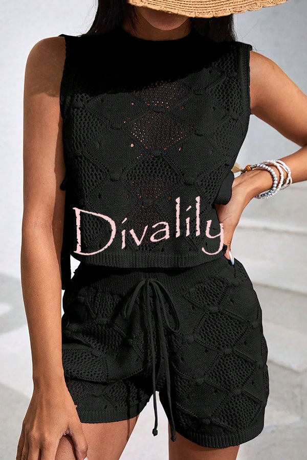 Solid Color Sleeveless Tie Knitted Vest and Loose Elastic Waist Drawstring Shorts Set