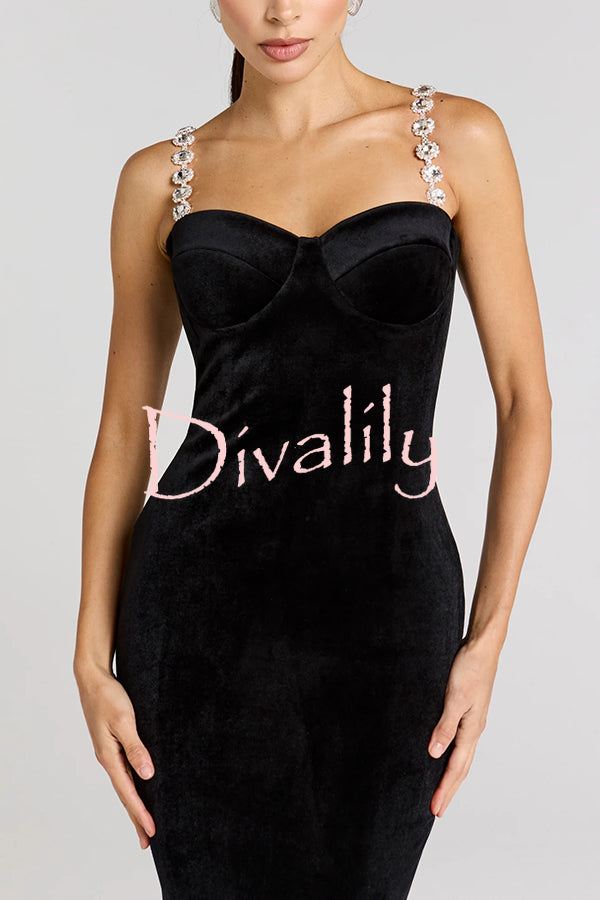 Harley Luxurious Velvet Fabric Jewel-embellished Shoulder Straps Midi Dress