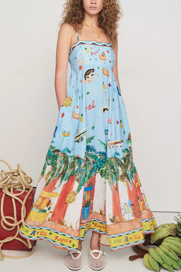 Summer Energy Linen Blend Unique Print Smocked Back Pocketed Midi Dress