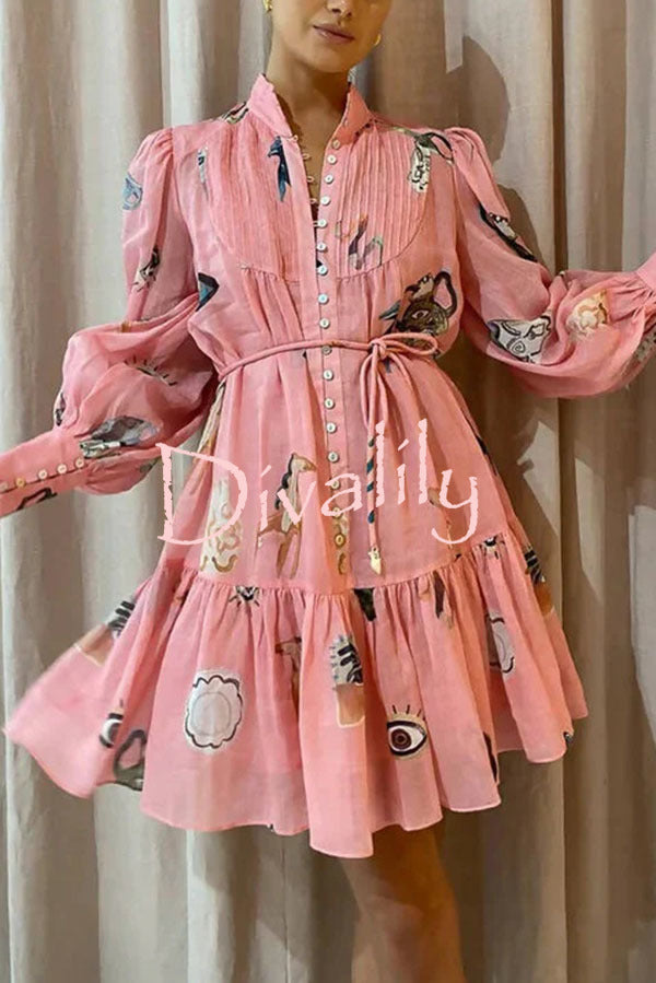 Unique Print Single Breasted Balloon Sleeve Tie Waist Ruffled Mini Dress