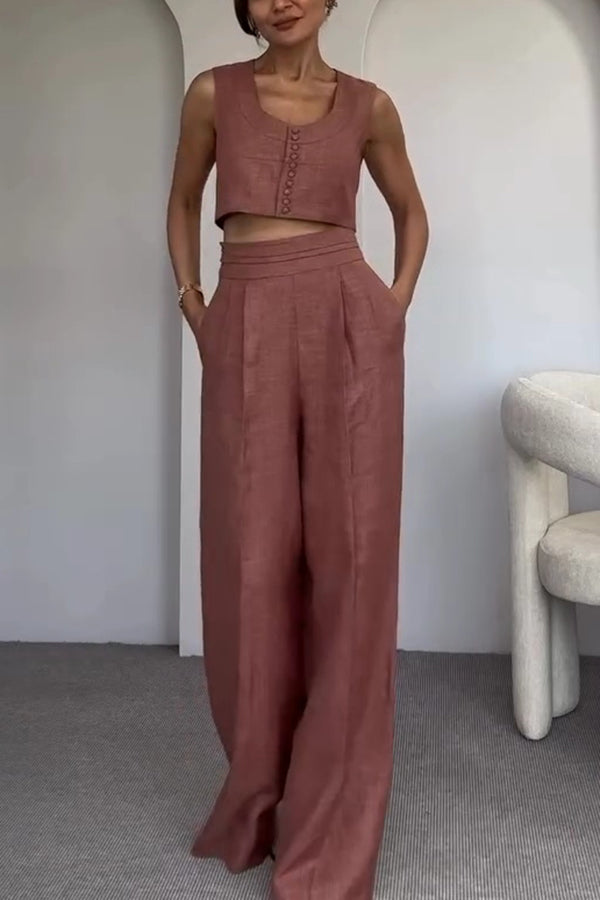 Maylin Solid Color Sleeveless Button-Down Top and Relaxed Pocket Straight Pants Set