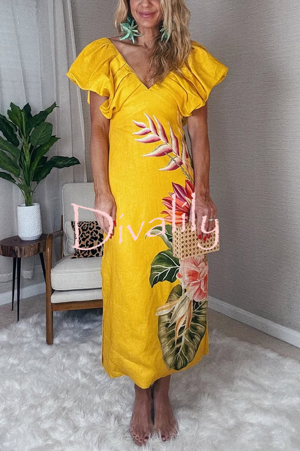 Plant Print V-neck Open Back Holiday Style Slit Midi Dress
