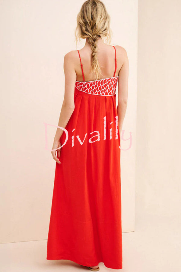 Red Fish Embroidered Sling Backless Maxi Dress