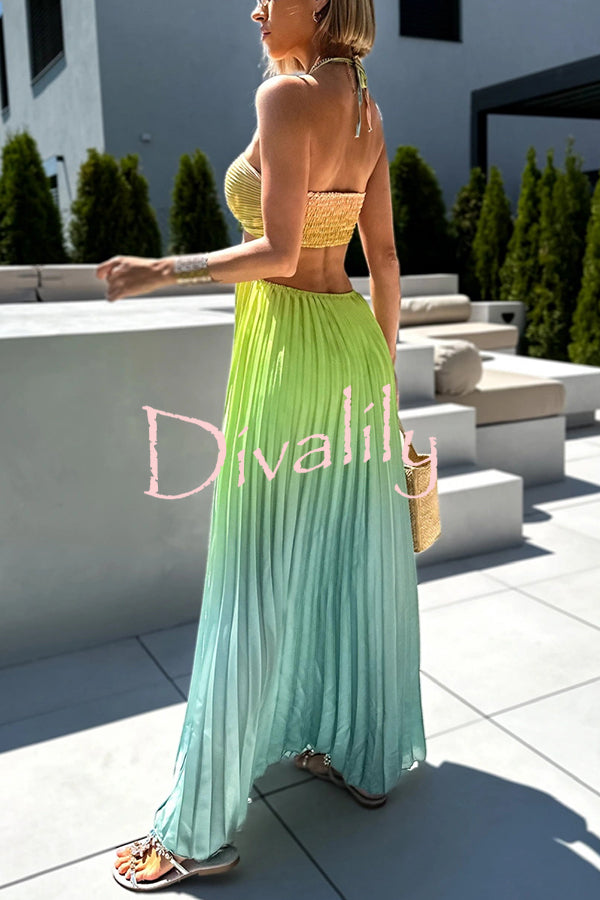 Get Ready Beautiful Gradient Print Cutout Halterneck Pleated Maxi Dress