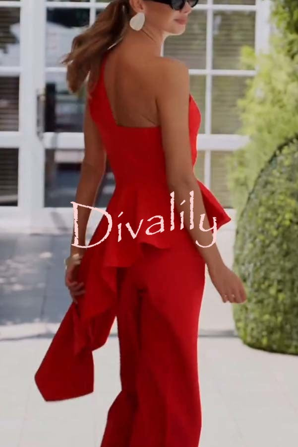 Amena One Shoulder Sweetheart Neck Ruffle Hem Top and Elastic Waist Pocket Wide Leg Pants Set