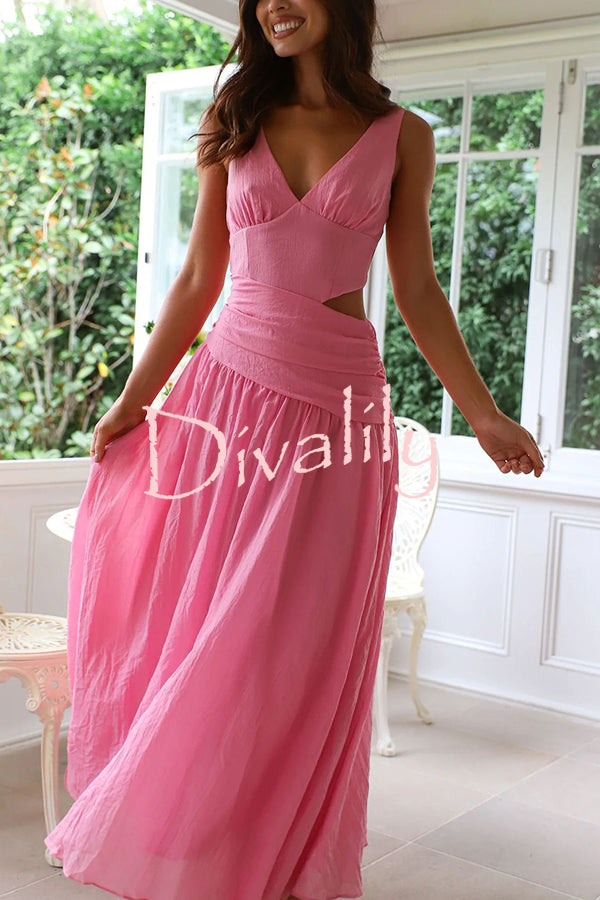 Solid Color V-neck Waist Hollow Slim Maxi Dress