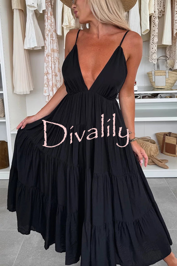 Bohemian Style V-neck Backless Slip Layered Vacation Maxi Dress