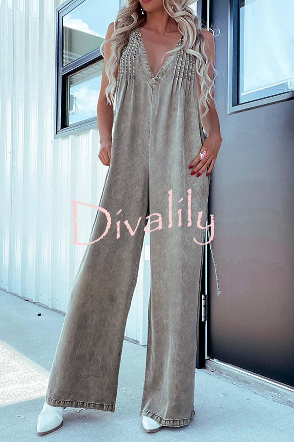 Solid Color Sexy V-neck Open Back Pleated Loose Denim Jumpsuit