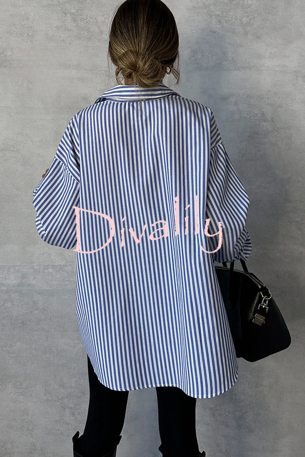 Fashionable Striped Printed Loose Long-sleeved Casual Shirt