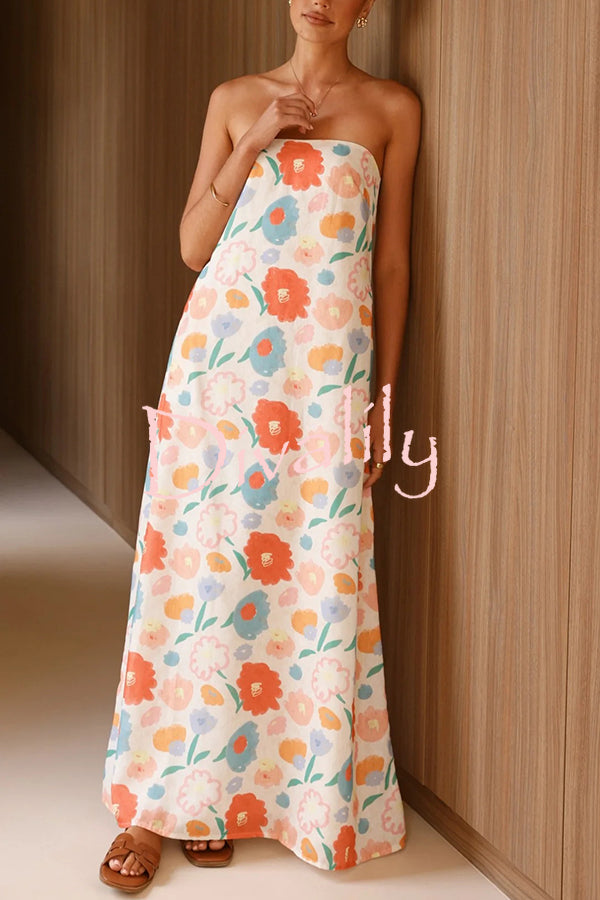 Unique Print Strapless Open Back Full Hem Maxi Dress