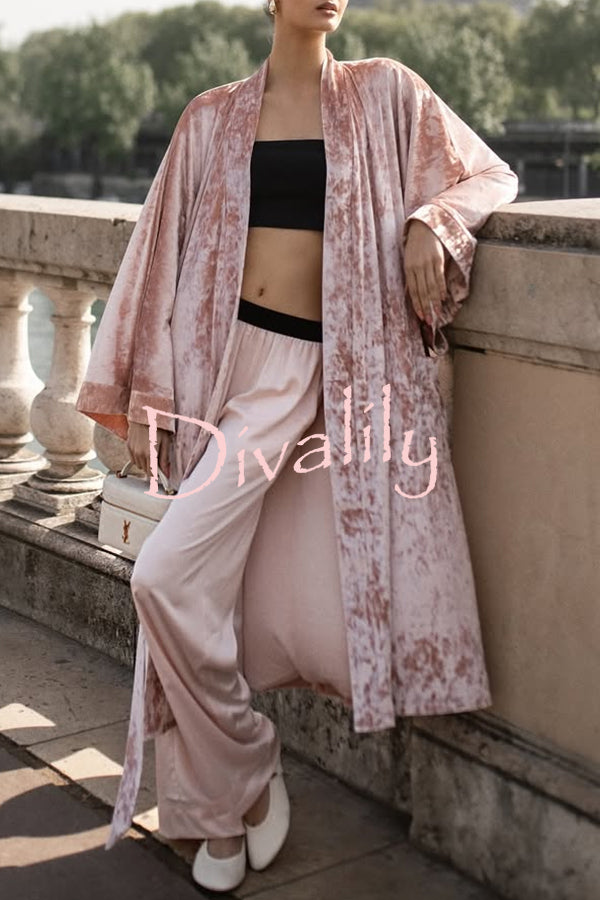 Gorgeous Glossy Velvet Long Bell Sleeve Tie-up Pocket Midi Kimono Coat
