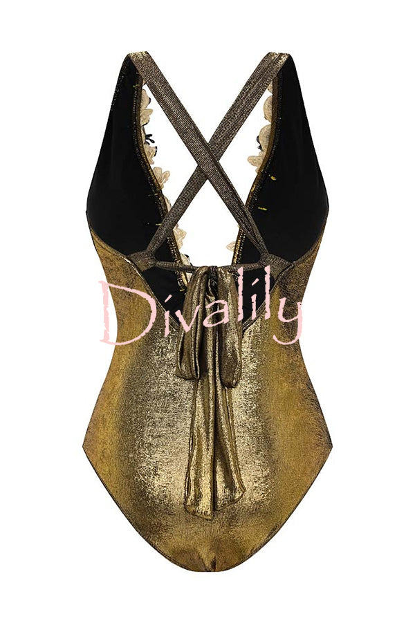 Solid Color Shiny Fabric Deep V Metal Embellished Stretch One-piece Swimsuit