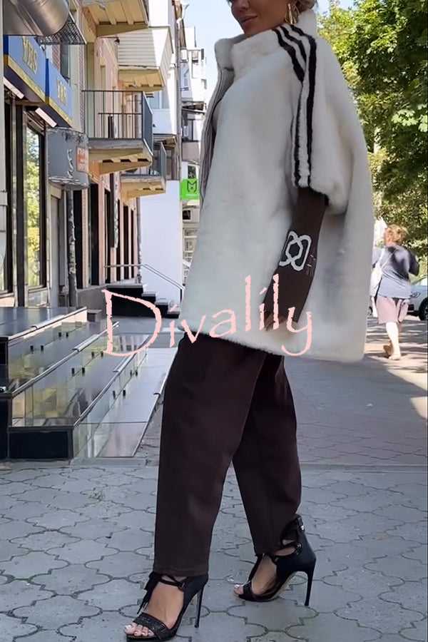 Fashion Sports Stripe Print and Ribbed Embroidered Long Sleeve Zipper Stand Nack Pocket Plush Coat