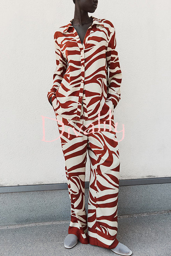 Unique Print Lapel Long Sleeve Loose Shirt and Elastic Waist Casual Pocket Wide Leg Pants Set