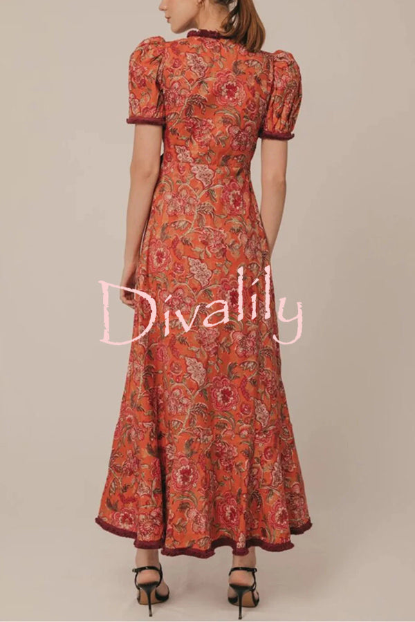 Bohemian Floral Print Elegant Puff Sleeve Holiday Maxi Dress