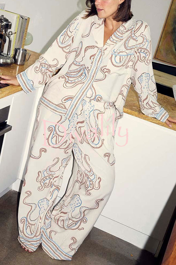 Calm Seas Line Octopus Unique Print Loose Shirt and Elastic Waist Pocketed Pajama Set