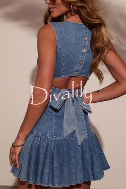 Fashionable Spliced Back Hollow Lace-up Pleated Slim-fit Denim Mini Dress