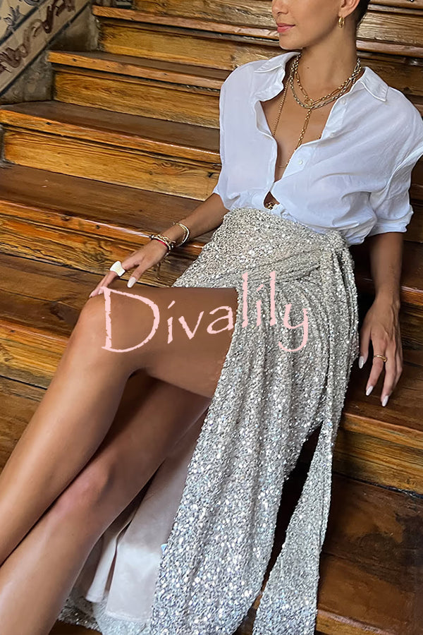 Disco Dancing Queen Sequin Wrap Tie-up Slit Midi Skirt