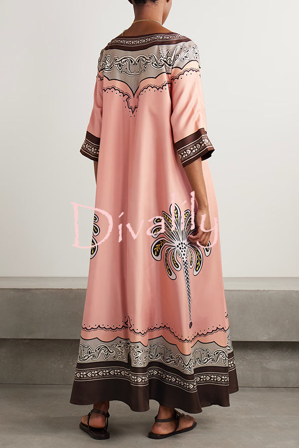 Satin Unique Print Casual V-neck Loose Holiday Maxi Dress