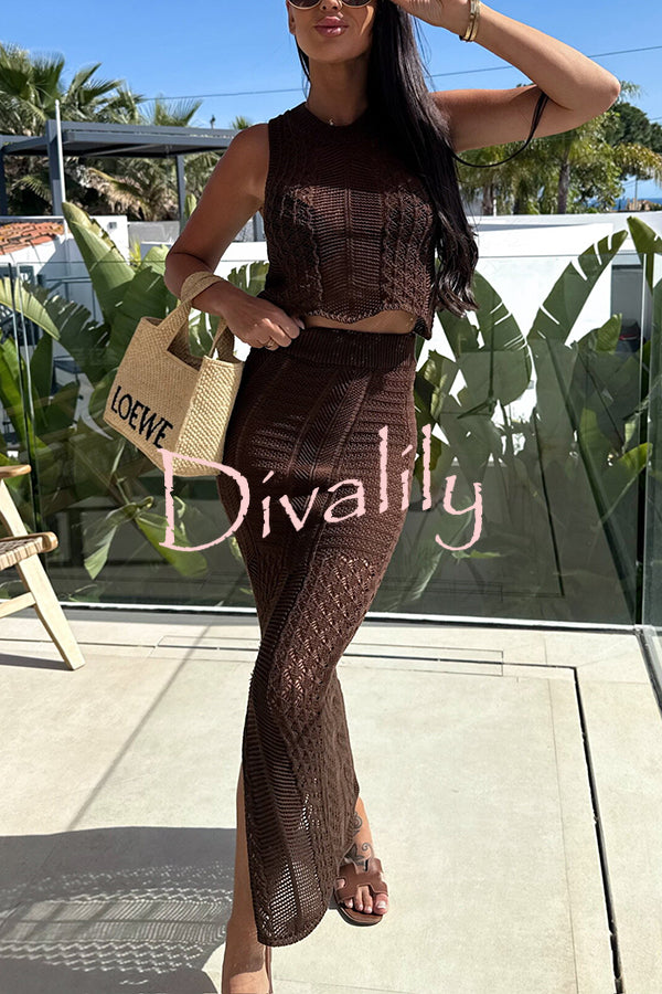 Solid Color Sleeveless Hollow Knit Crop Top and Elastic Slit Slim Midi Skirt Set
