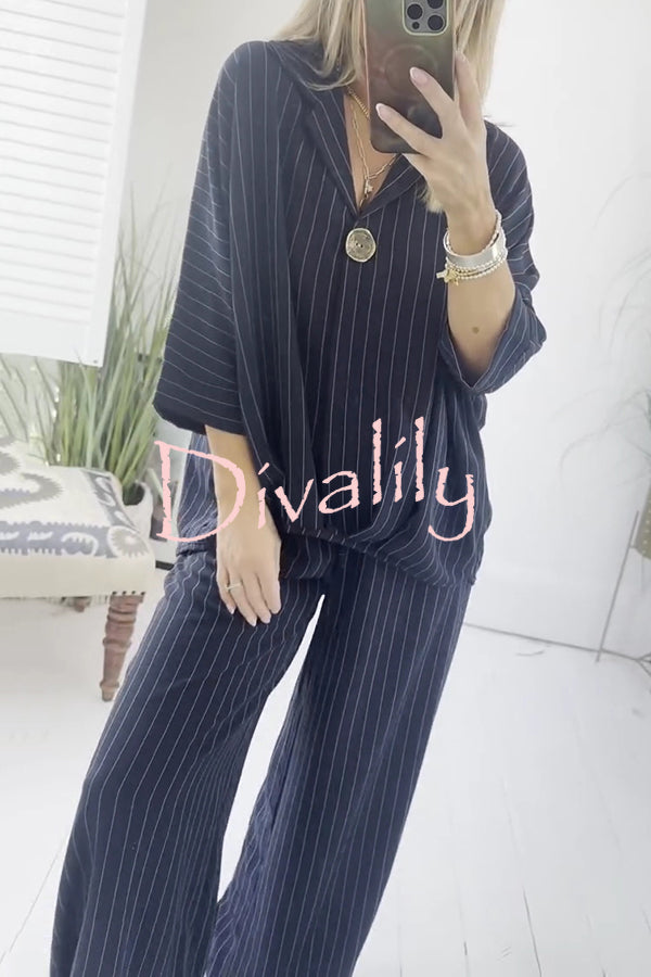 Fashion Striped Print Lapel Loose Top and Elastic Waist Casual Wide-leg Pants Set