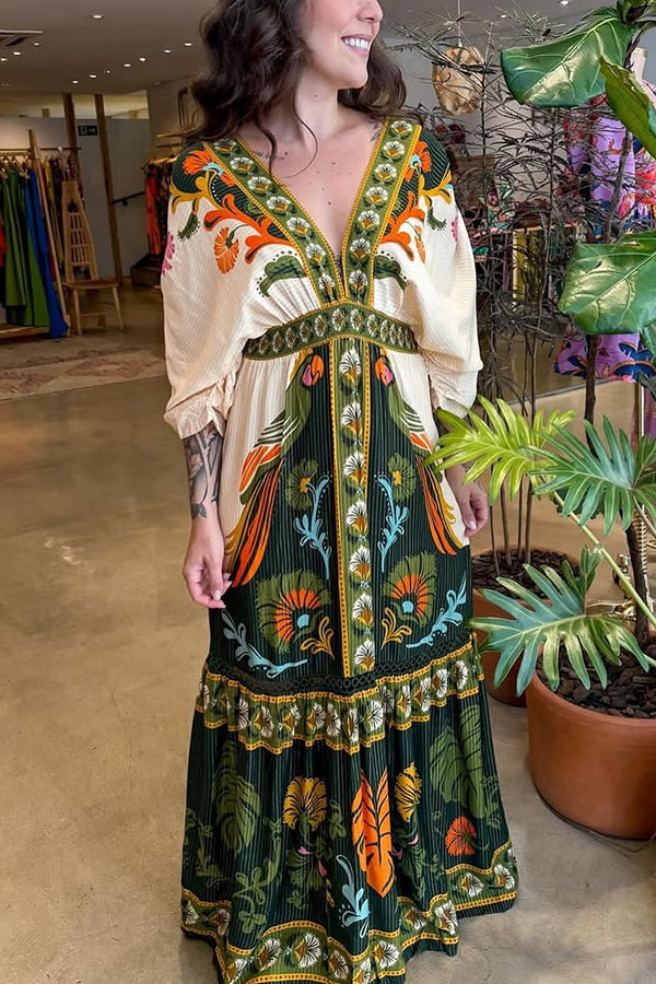 Ethnic Retro Plant Print V-neck High Waist Maxi Dress