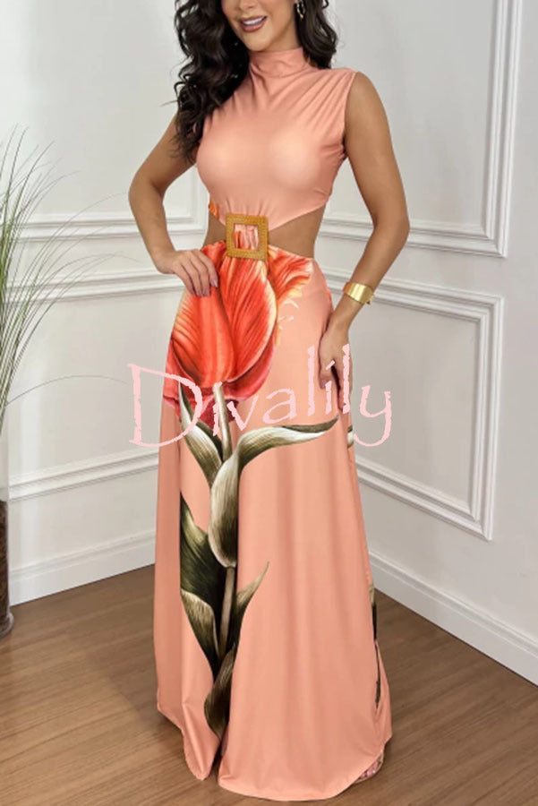 Bettie Printed High Neck Square Buckle Cutout Waist Maxi Dress
