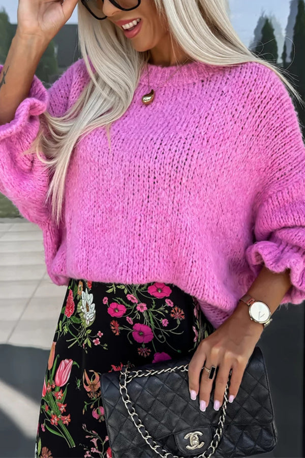 Solid Color Round Neck Ruffled Long Sleeve Knitted Sweater