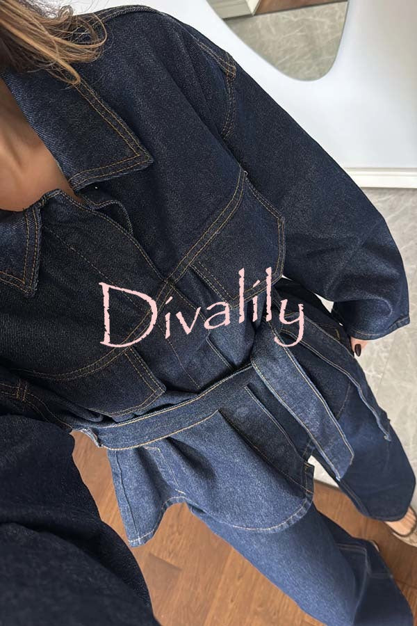 Fashion Workwear Style Denim Button Up Long Sleeve Pocket Lapel Jacket