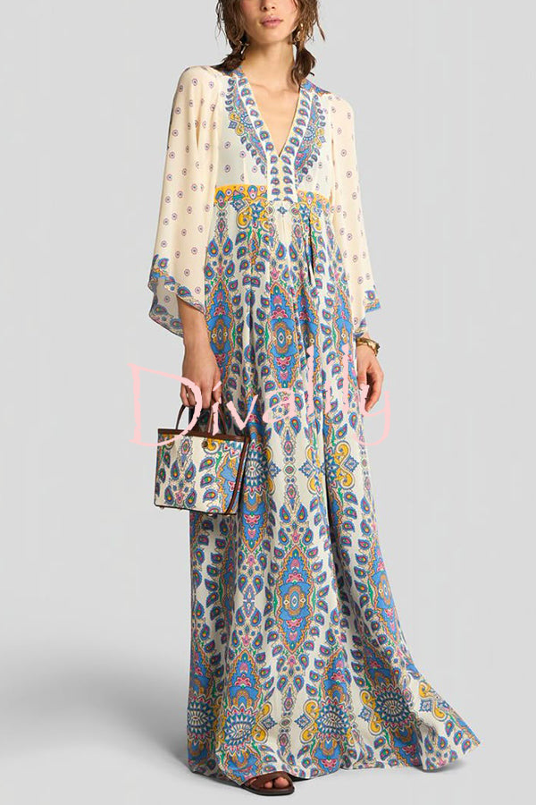 Unique Printed V-Neck Loose Elegant Maxi Dress