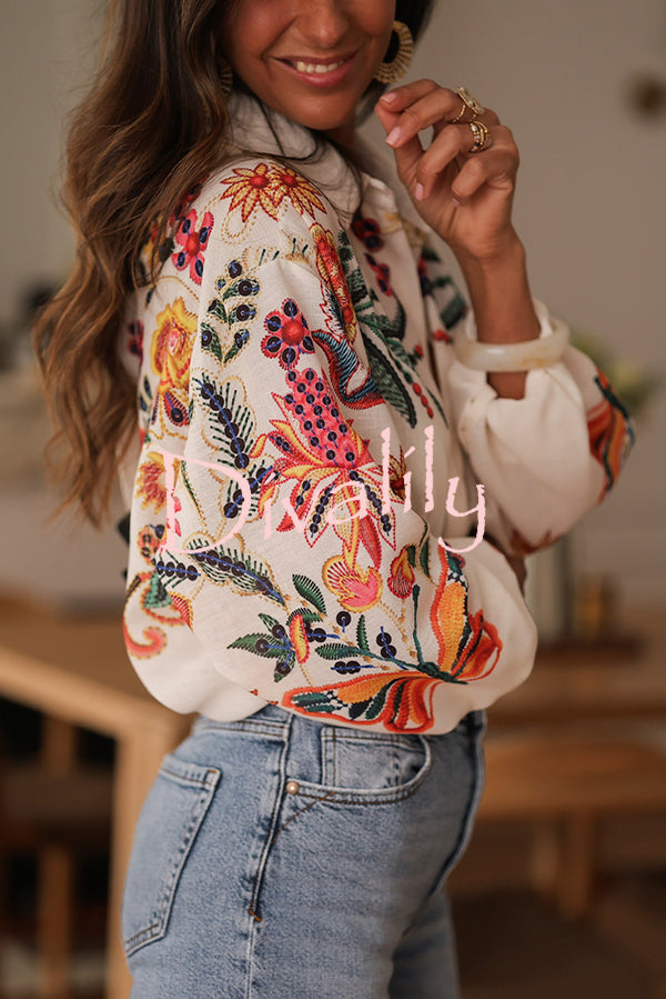Botanical Print Loose Lapel Long Sleeve Casual Shirt