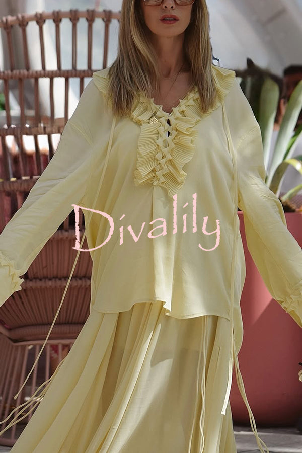 Solid Color Pleated Ruffled Tie Long Sleeve Loose Shirt