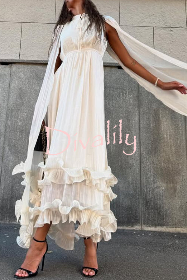 Fashionable V-neck Lace-up Ruffled Double-layer Hem Maxi Dress