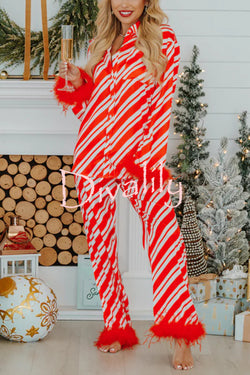 Christmas Party Striped Print Pocket Feather Elastic Waist Pajama Set