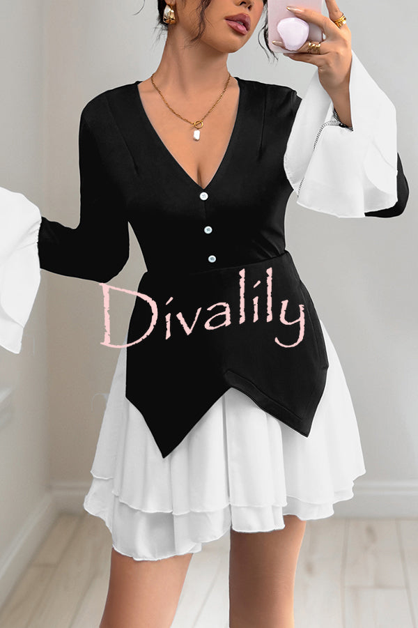 Fashionable Contrast Color Panel Long Sleeve Ruffled Mini Dress