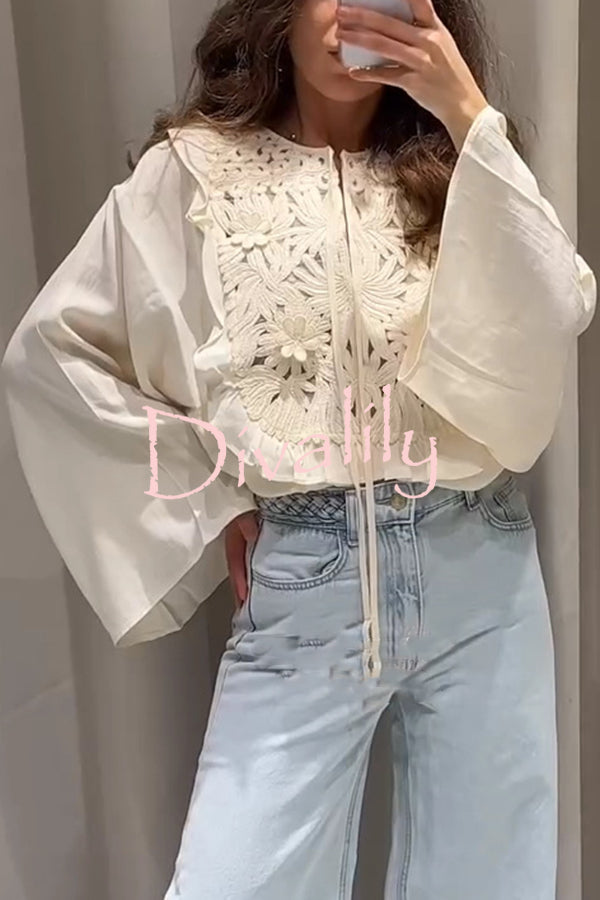 Fashionable Round Neck Tie Hollow Stitching Casual Shirt