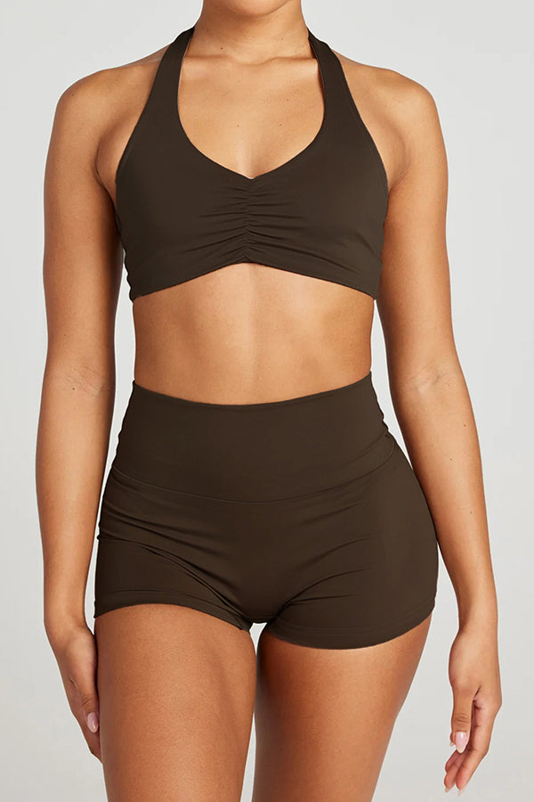 Fashionable Sports Yoga Style Halterneck Top and Stretch Slim Shorts Set