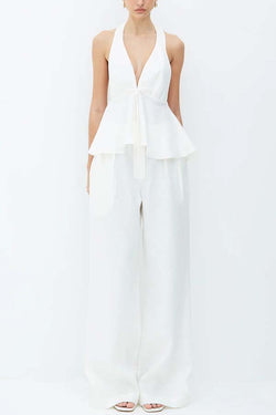 Sakai Linen Blend Bow Ruffle Hem Halter Top and High Rise Pocket Wide Leg Pants Set