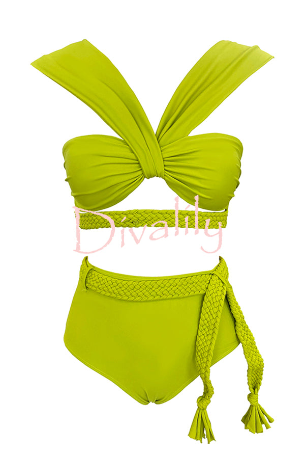 Solid Color Braided Rope High Waist Stretch Two-piece Bikini Swimsuit