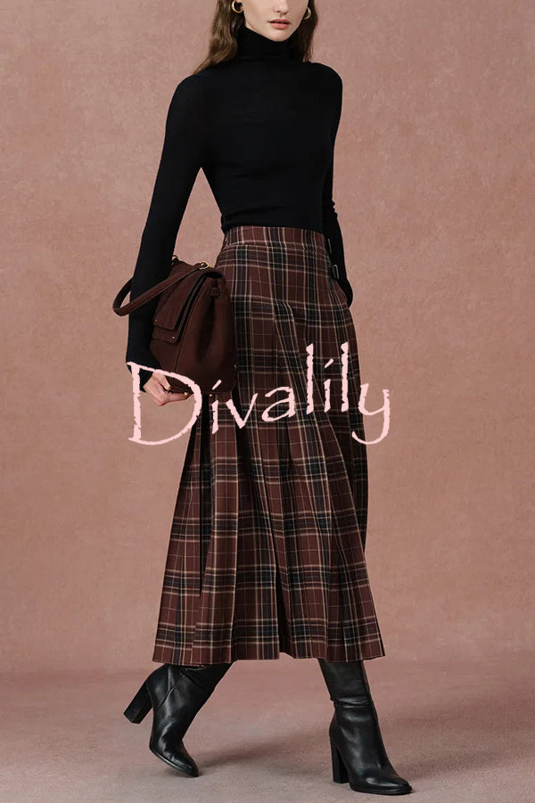 Yehudit Plaid Belt Buckle Design High Rise Pocket Midi Umbrella Skirt