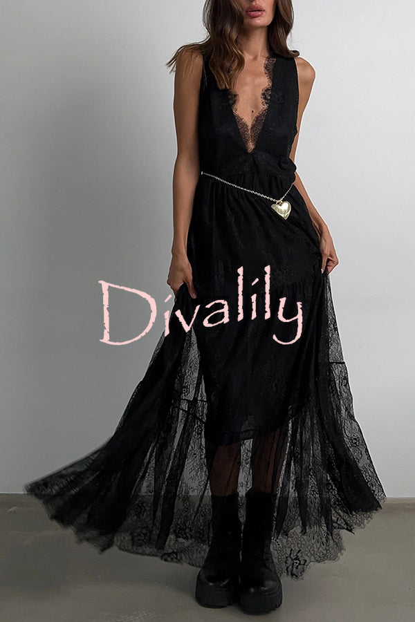 Fashionable Sheer Lace V-neck Backless Elegant Maxi Dress