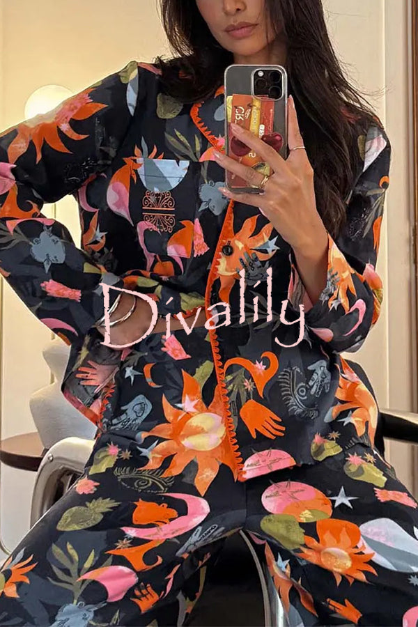 Evening Routine Unique Print Color-block Trim Loose Shirt and Elastic Waist Pocketed Pajama Set