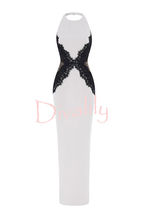 Sexy Halterneck Lace Paneled Backless Slim Maxi Dress