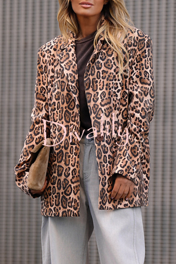 Catwalk Leopard Single Button Long Sleeve Pocketed Lapel Boyfriend Blazer
