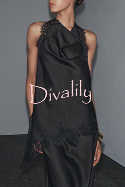 Dolly Satin Lace Trim Halter Cowl Neck Asymmetric Hem Tank