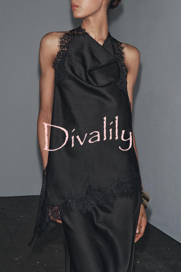 Dolly Satin Lace Trim Halter Cowl Neck Asymmetric Hem Tank